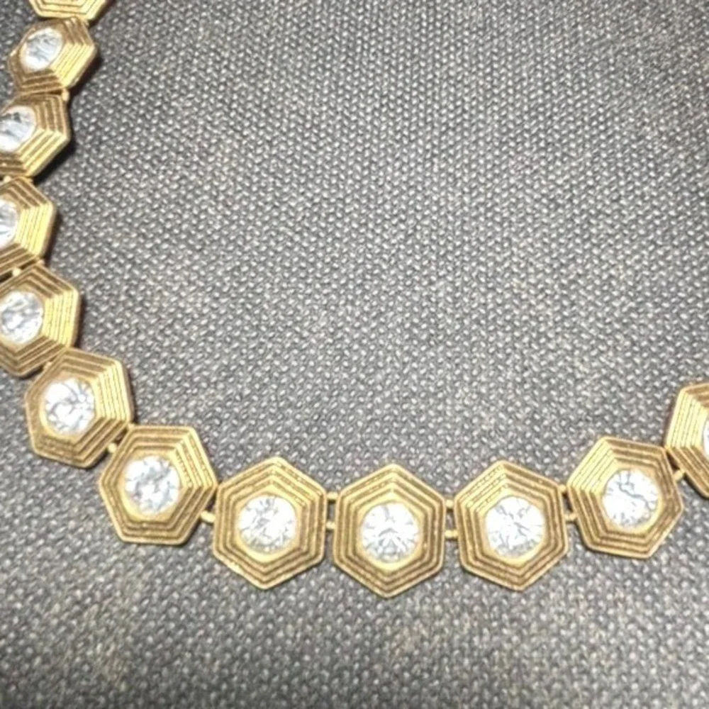 J.Crew Gold Tone Hexagon Crystal Statement Collar Necklace Adjustable Geometric